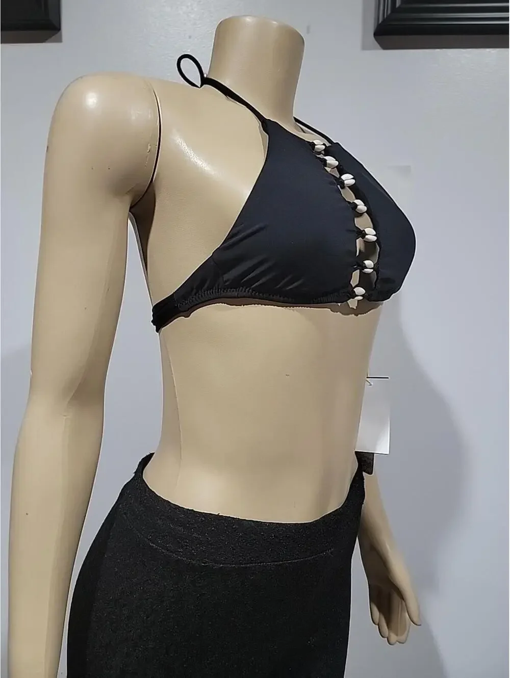 ale by Alessandra High Neck Bikini Top XS Black With Tassel Cowrie Shell NWT #C6 - Picture 6 of 9